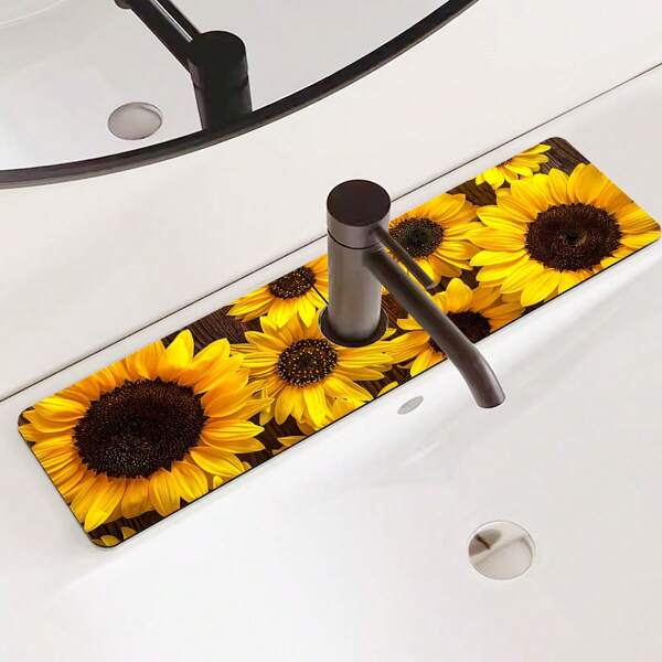 1pc, Sunflower Pattern Diatom Ooze Faucet Absorbent Pad, Bathroom Faucet Splash Pad, Moisture-Proof Faucet Pad, Kitchen Countertop Accessories.