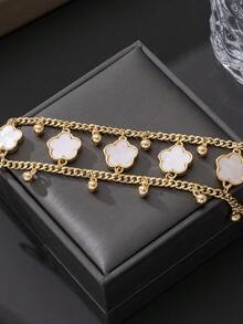1pc Stylish Fashion Clover Double-Layer Line Design Women's Bracelet, Romantic Dating Gift (Exclude Gift Box) - White - View 4