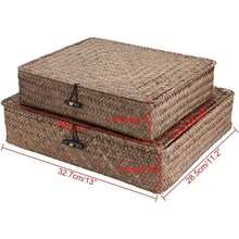 Hipiwe Set Of 2 Flat Woven Wicker Storage Bins With Lid Natural Seagrass Basket Multipurpose Home Boxes For Shelf Organizer (Coffee) - Coffee - 查看 5