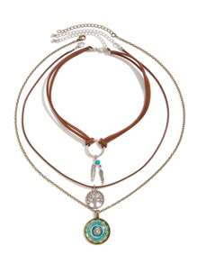 3 pièces/set Collier multicouche en alliage style vintage avec pendentifs arbre de vie, plume, étoile. Convient pour les femmes, à porter au quotidien ou en cadeau