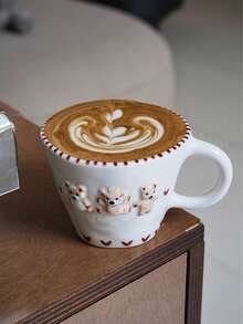 1个270毫升可爱卡通熊陶瓷杯，双面浮雕熊图案，心形牛角包咖啡杯，家用杯，牛奶杯，情侣早餐杯，水杯，下午茶杯礼品 - 白色 - 查看 10