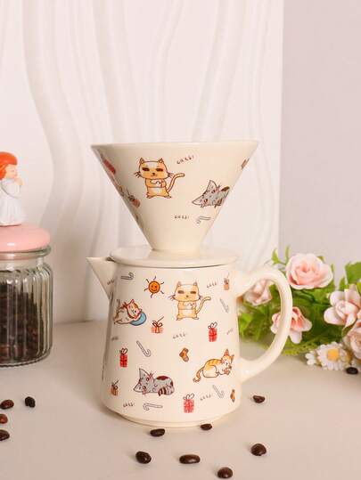 1 件可爱手工陶瓷咖啡壶、陶瓷咖啡滤杯、滤咖啡滴滤器、家用咖啡机、手工陶瓷咖啡壶和滤杯套装、优雅陶瓷咖啡滤杯漏斗手冲咖啡杯、陶瓷手冲咖啡壶套装（带滤网）