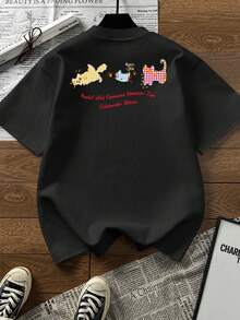 重磅卡通猫咪印花T恤，美式复古风，时尚女装，夏季上衣 - 黑色 - 查看 1