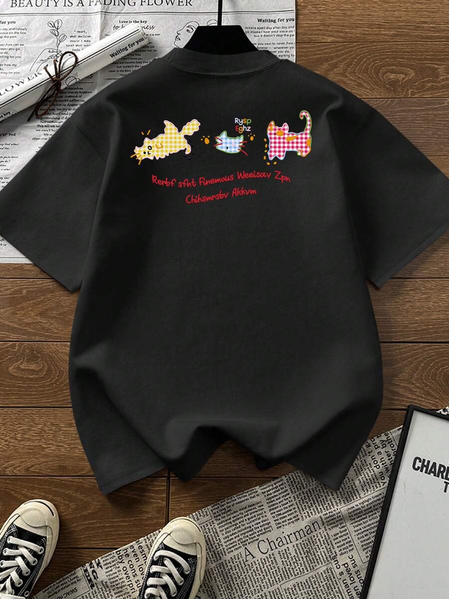 重磅卡通猫咪印花T恤，美式复古风，时尚女装，夏季上衣 - 黑色 - 查看 1