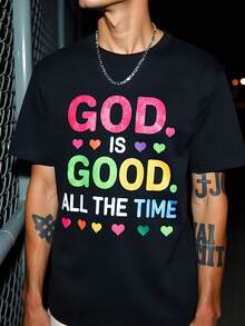 Camiseta de mujer 180g negro algodón con impresión "God Is Good All the Time", cuello redondo y manga corta, estilo casual ideal para añadir color y mensaje positivo, perfecta para uso diario o ocasiones especiales, cómoda y suave. - Negro - Ver 1
