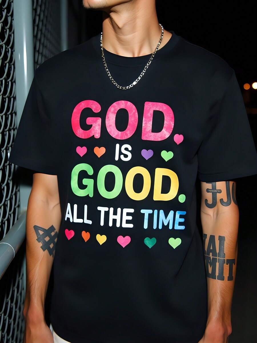 Camiseta de mujer 180g negro algodón con impresión "God Is Good All the Time", cuello redondo y manga corta, estilo casual ideal para añadir color y mensaje positivo, perfecta para uso diario o ocasiones especiales, cómoda y suave. - Negro - Ver 1