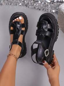 女士黑色露趾镂空透气厚底凉鞋，夏季户外运动凉鞋，水钻扣装饰，中跟舒适休闲运动凉鞋，厚底编织罗马凉鞋，角斗士凉鞋