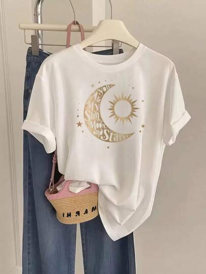 Camiseta de algodón con estampado sol y luna dorado vitage casual de moda para mujer