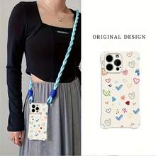 Funda para teléfono (1 unidad): Funda colorida con diseño de corazón, compatible con phone 16 Pro/15 Plus/14/13/12. Resistente a caídas y antideslizante, ligera, con cordón ajustable en las cuatro esquinas. Fabricada en TPU de alta calidad con protección integral para lentes. - Blanco - Ver 1