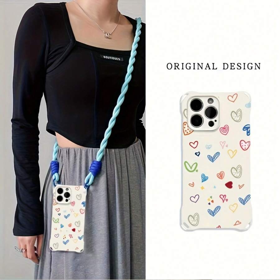 Funda para teléfono (1 unidad): Funda colorida con diseño de corazón, compatible con phone 16 Pro/15 Plus/14/13/12. Resistente a caídas y antideslizante, ligera, con cordón ajustable en las cuatro esquinas. Fabricada en TPU de alta calidad con protección integral para lentes. - Blanco - Ver 1