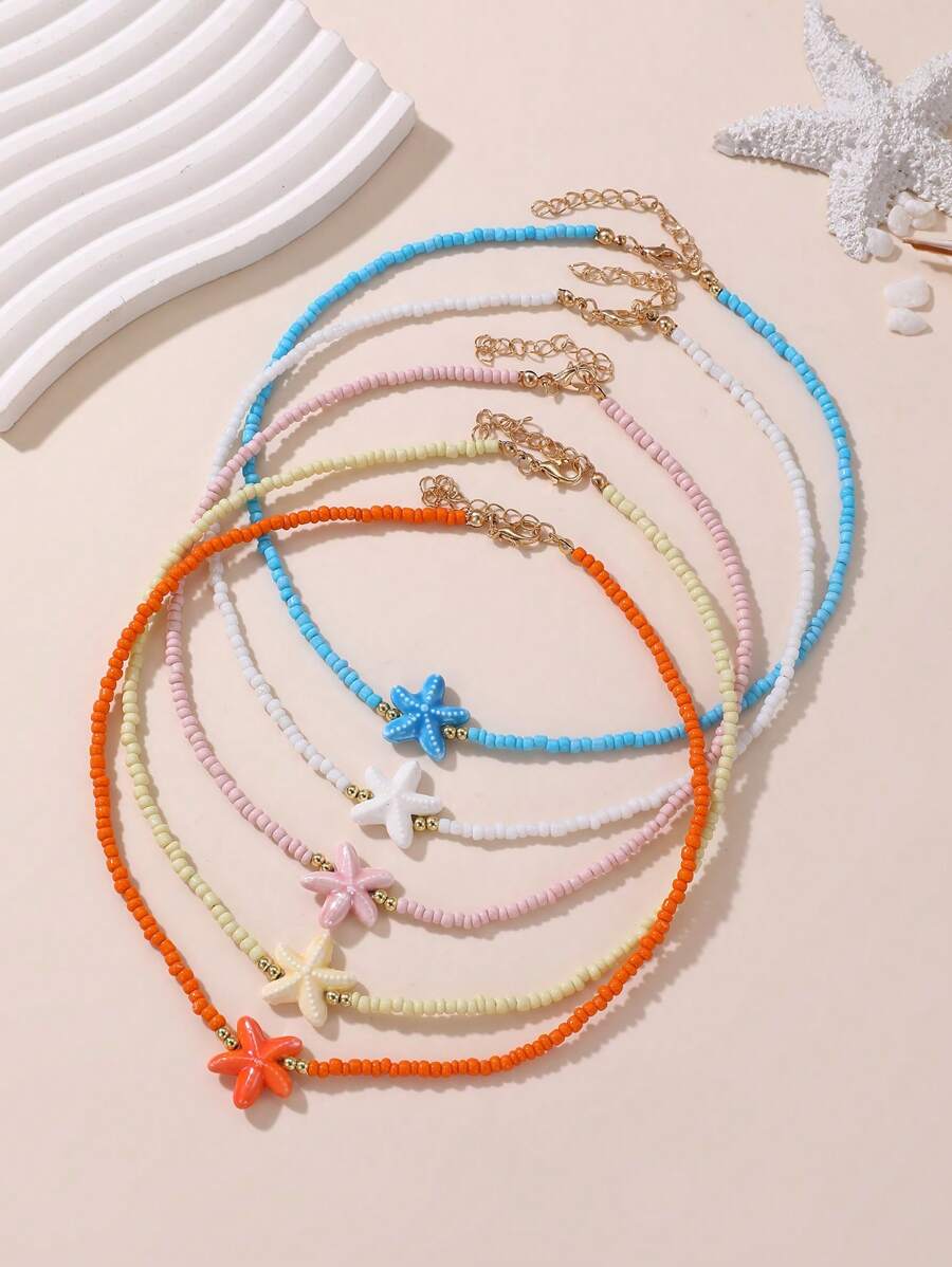 5pcs/Set Girls' Colorful Beaded Sea Star Necklace Sets