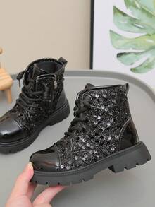 1 Pair Girls' Boots, Patent PU + Glitter Material, Comfortable Warm Lining, Front Lace-Up, Side Zipper, Round Toe, Thick Anti-Slip Sole, Casual Fashion Short Boots, Suitable For Daily, Party, School Wear In Autumn/Winter - Black - View 6
