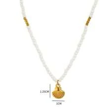 1pc 2025 Summer Beach Small Rice Pearl Necklace With Miniature 18K Gold Plated Stainless Steel Seahorse, Shell, And Starfish Pendant For Women, Casual And Resort Wear
