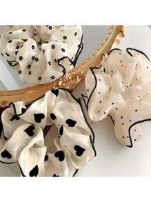 3pcs Set - Colon Hair Scrunchies, Heart Shaped Chiffon Crop Top, Round Dot Patterned Accessory Pack For Women, Hair Ties, Scrunchy Hair Ties, Hair Bobbles, Washing Face, Hair Accessories ,Head Piece