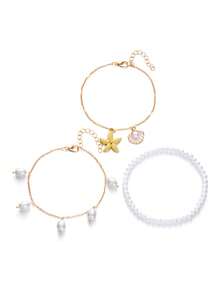 3pcs/Set White Pearl-Beaded Tassel, Starfish & Shell Pendant Anklet, Multilayer Foot Jewelry Suitable For Daily Wear And Beach Vacation - Multicolor - View 8