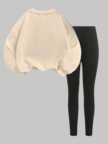 2pcs Set Girls Fun Print Sweatshirt & Leggings Set, Soft Skin - Friendly, Daily School Spring & Autumn Wear