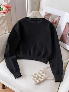 Girls' Elegant Beaded Bow Short Knit Pullover Sweater, Suitable For Casual Daily Wear, Spring, Autumn, Winter - Black - View 3