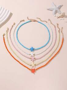 5pcs/Set Girls' Colorful Beaded Sea Star Necklace Sets