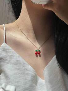1 件樱桃项链，可爱樱桃水果吊坠项链，红樱桃项链，女士夏季吊坠项链 - 金色 - 查看 3