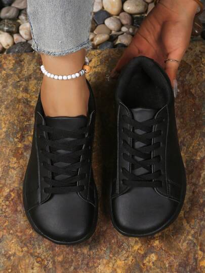 女士加宽简约休闲鞋，真皮鞋面，系带设计，适合户外运动，宽楦