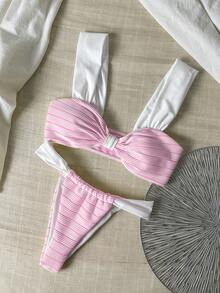 条纹比基尼套装，可爱性感休闲沙滩度假粉色夏季 - 粉色 - 查看 3