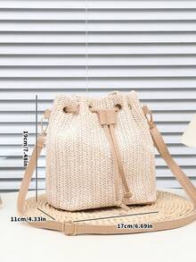 1pc Summer Essential Straw Woven Bucket Bag, Vertical Style Crochet Women Handbag, PU Color Block Shoulder Bag, Beach/Crossbody Bag With Drawstring Design, Versatile For Casual, Beach, Holiday, Shopping, Gift - Khaki - View 5