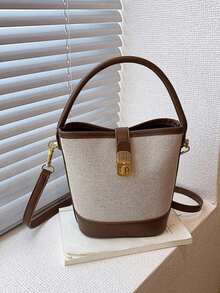 1个时尚撞色帆布水桶包，配有可调节肩带 - 彩色 - 查看 12