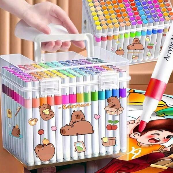 Sanrio Set acrylmarkers, tekenkwasten, stapelbare kleurstiften zonder uitlopen voor kinderen, kleuters en basisschoolleerlingen, geschenkset met kunstbenodigdheden, schoolbenodigdheden, terug naar school
