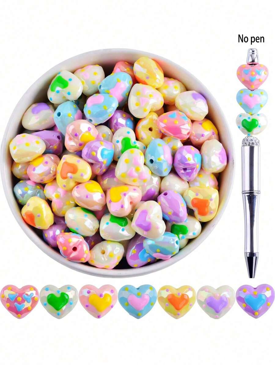 10pcs/Pack Random Style New Acrylic Hand-Painted Faceted Luminous Heart Shaped Bead DIY Jewelry Crafts, Phone Charm Keychain Accessories - No Pen Included