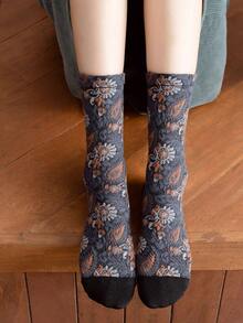 1双女士秋冬3D压花佩斯利复古风格袜子