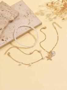 3 Peças/Conjunto Borla de Pérola Falsa Branca, Pingente de Estrela do Mar Shell, Tornozelo Dourado, Colar Multicamadas, Conjunto de Joias para Mulheres, Adequado para Uso Diário e Férias na Praia