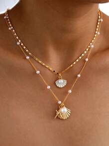 2pcs Seashell Pendant Necklace, Mermaid Pearl Necklace, Retro Beach Style Necklace(Random Starfish/Seashell Shape)