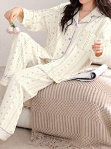 AICJ 2pcs Casual Loose Striped Print Long Sleeve Top And Pants Sleepwear Homewear Loungewear Set, Spring/Fall/Winter,Two Pieces Set