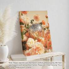 1 件无框桃色大丽花迪斯科球帆布墙饰，花卉多巴胺帆布装饰可打印，复古华丽植物印花，花卉家居礼品海报，海报，墙壁艺术，房间装饰用品，秋季，现代（可选框架）