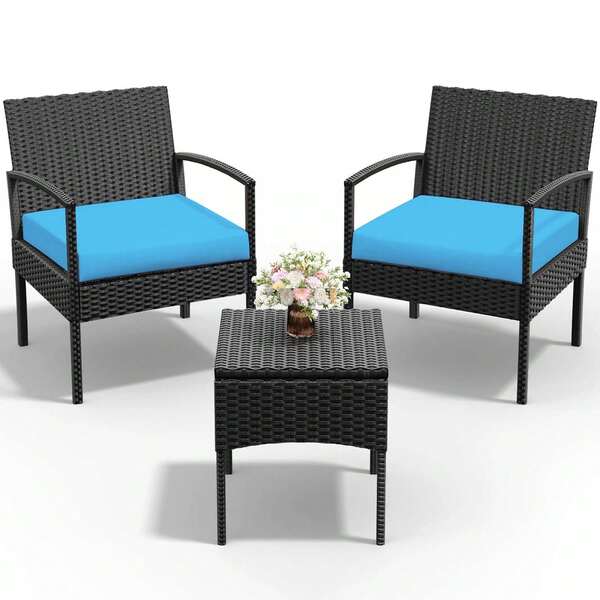 3 Pieces Patio Conversation Set, Outdoor Furniture Set, Patio Bistro Set, All-Weather Wicker Chairs And Table With Cushions