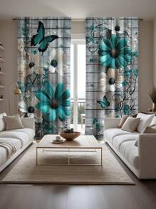 2pcs Daisy Farmhouse Blackout Curtains - Polyester Floral & Butterfly Pattern, Blue Green And White Country Style Bedroom And Home Decor Background, Washable, Living Room Drapes