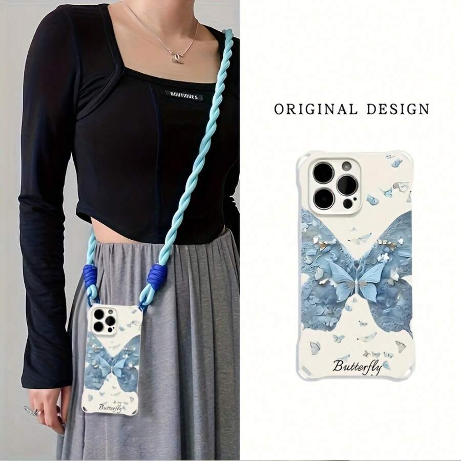 Funda para teléfono Funda de teléfono TPU anticaída de cuatro esquinas suave con pajarita cuerda colgante adecuada 12 13 14 15 16 Pro - Blanco - Ver 1