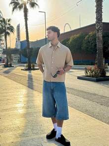 男士格纹短袖单排扣休闲衬衫，夏季 - 咖啡棕 - 查看 2