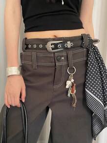 1pc Women's Black PU Leather Minimalist Engraved Metal Buckle Star Cutout Decor Casual Office Belt