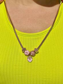 1 件可爱蝴蝶结和心形吊坠项链，粉色蝴蝶结心形吊坠项链，粉色樱花项链，时尚星星项链