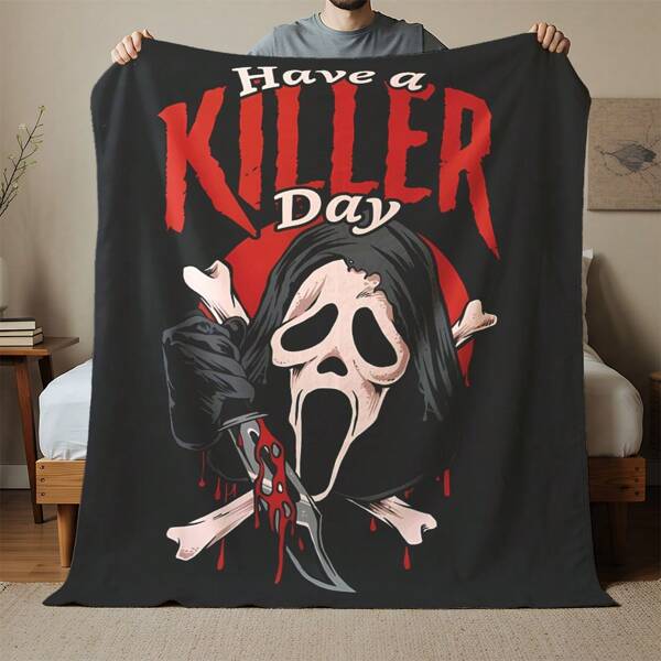 1pc Halloween Themed Plush Flannel Blanket With Spooky Face Pattern, Super Soft Halloween Themed Blanket, Holiday Decor & Gift Choice, Suitable For Living Room, Bedroom, Office, Camping, Party, Soft/Cool/Fun, Multiple Sizes Available, Halloween Atmosphere Master, Black Blanket