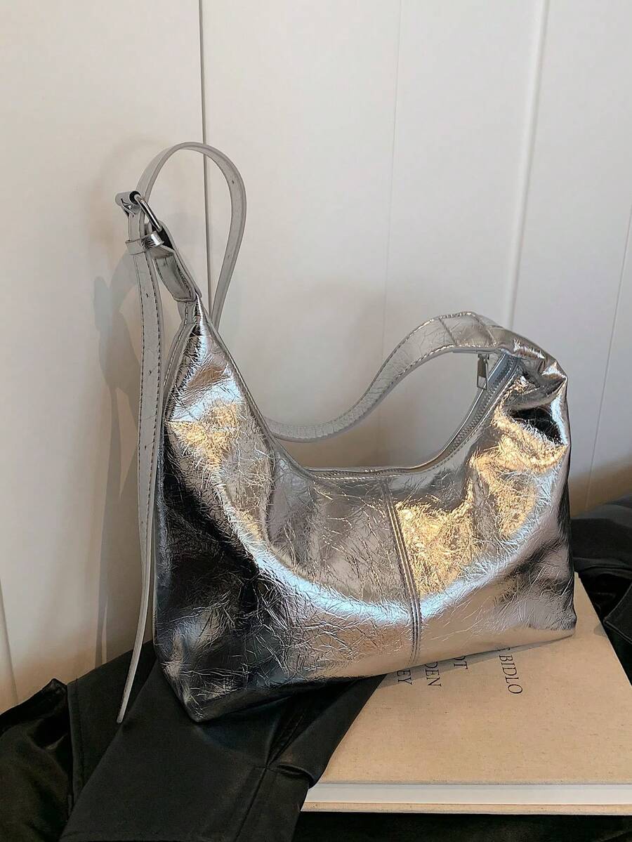 1 件时尚裂纹色大容量单肩斜跨饺子手提包，用途广泛，适合办公室、通勤、购物、节日礼物 - 銀色 - 查看 1