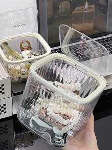 2pcs/1pc Elegant Hair Accessory Jar, Creative Lid Storage Box, Hair Clips, Hair Ties, Hair Bands, Hair Hoops Organizer Box, Multi-Function Makeup Powder, Makeup Sponge, Makeup Brush Tool Storage Box, Vanity And Bathroom Waterproof Dustproof Storage Box, Made Of High Transparency PET Material, Suitable For Dorm, Hotel, Bedroom