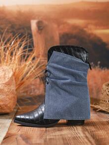 女士时尚 V 形剪裁荷叶边褶皱尖头叠跟踝靴，色块，蝴蝶结细节，时尚冬靴 - 黑色 - 查看 5