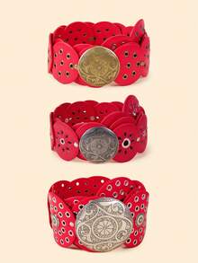 1 件装黑色 PU 圆盘拼接空心金属索环圆形女士腰带 夏季、秋季、万圣节