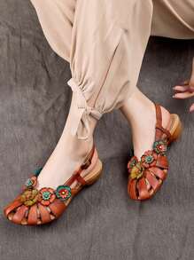 Women's Vintage Flower Decorated Comfortable Flat Sandals, Suitable For Beach, Outdoor And Boho Style