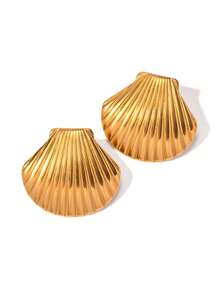 1 对热带岛屿度假风格时尚简约奢华别致复古不锈钢 18K 镀金贝壳耳环，适合女性日常佩戴、工作、旅行、约会、派对、节日礼物 - 金色 - 查看 2