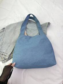 极简风格毛边字母设计牛仔帆布托特包，纯色大容量单肩包，适合女性日常使用，上班通勤书包，返校背包，经典休闲，轻便，便携，行李带设计，适合少女女大学生，非常适合返校、大学、初中、高中、开学第一天，女士西式钱包