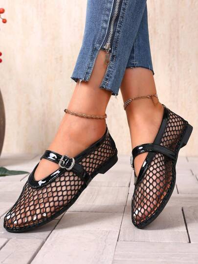 Women's Flat Slip-On Shoes, Mesh Vamp, Single Buckle, Round Toe, Comfortable & Breathable, Suitable For Campus, Student, Teacher Outfits, Suitable For Spring, Summer, Autumn, Available In Black, Brown, White