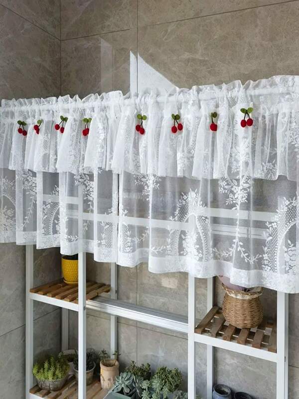 1pc Premium French Style White Flower Garden Pattern Sheer Curtain, Fresh Sweet White Tulle Window Curtain Suitable For Living Room Bedroom Kitchen Rod Pocket, Window & Cabinet Decor, With 5pcs Red Cherry Clips Included